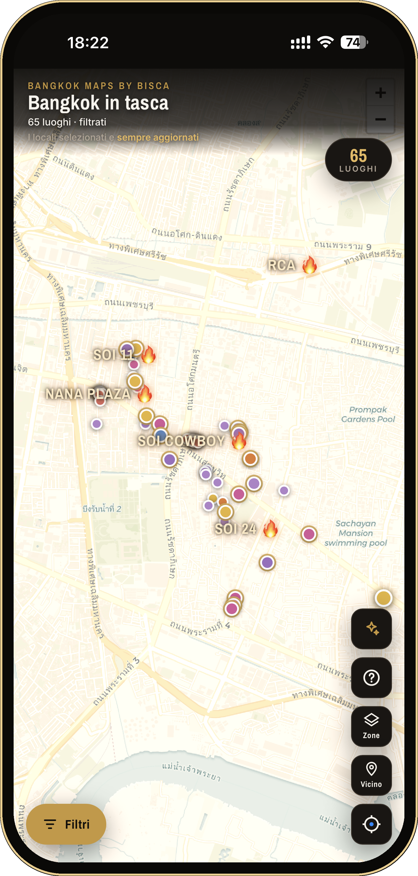 La mappa di Bangkok in tasca con i pin per categoria e le hot zone