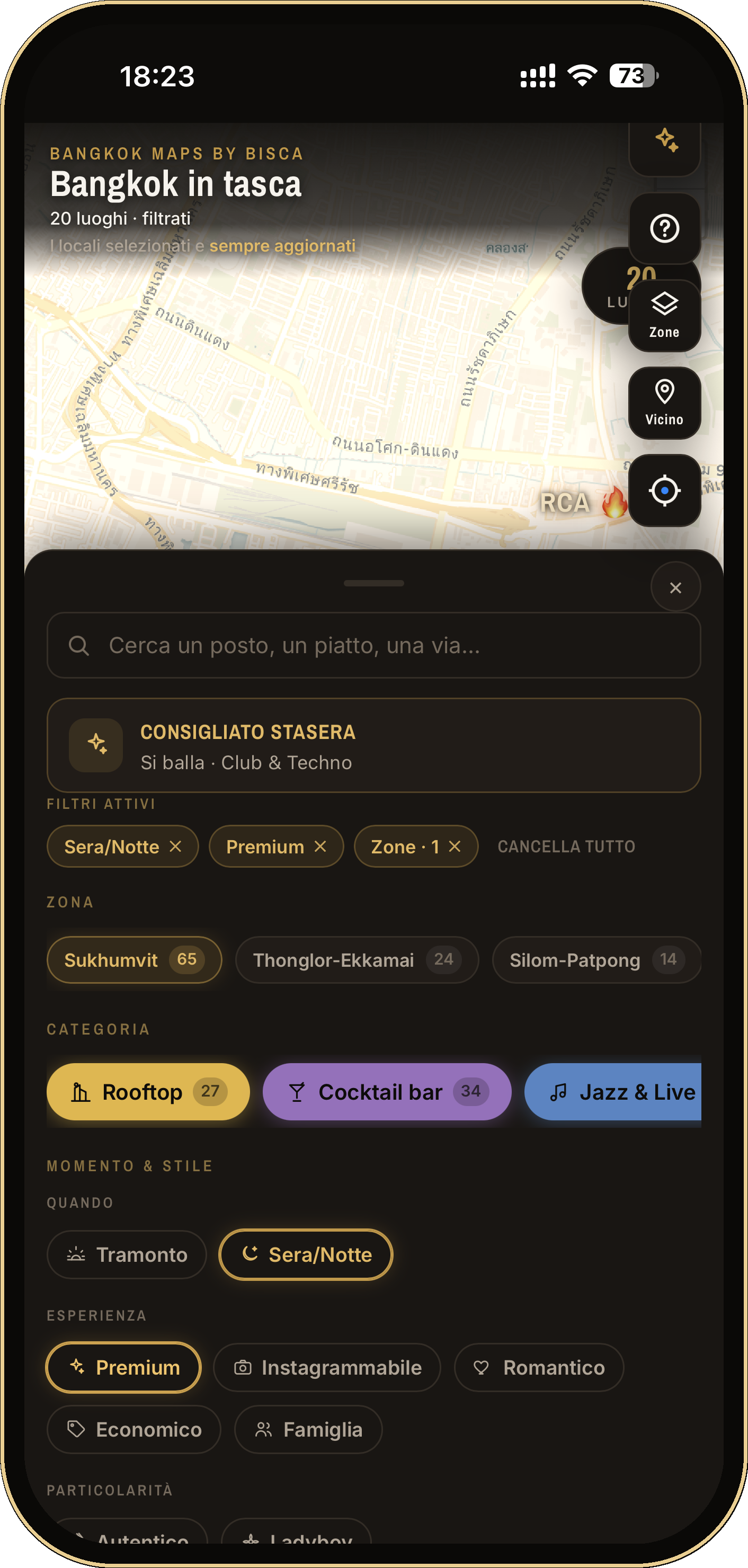 I filtri della web-app: zona, categoria, momento e stile