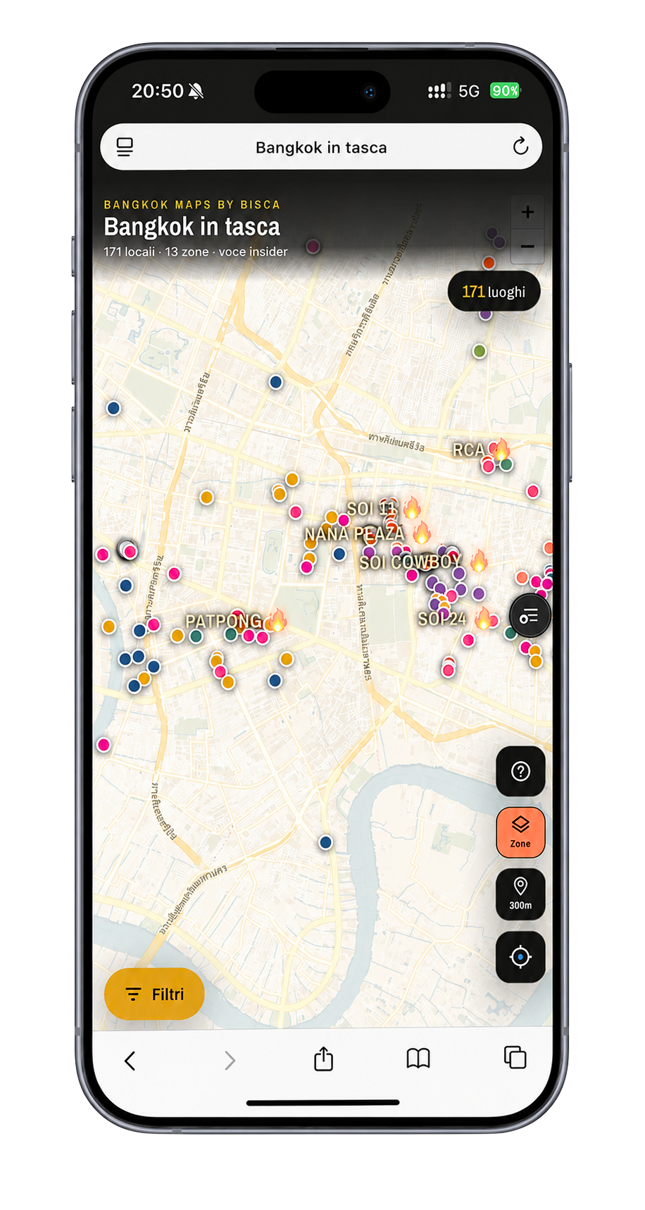 La web-app Bangkok in tasca aperta sul telefono, con mappa e pin dei locali